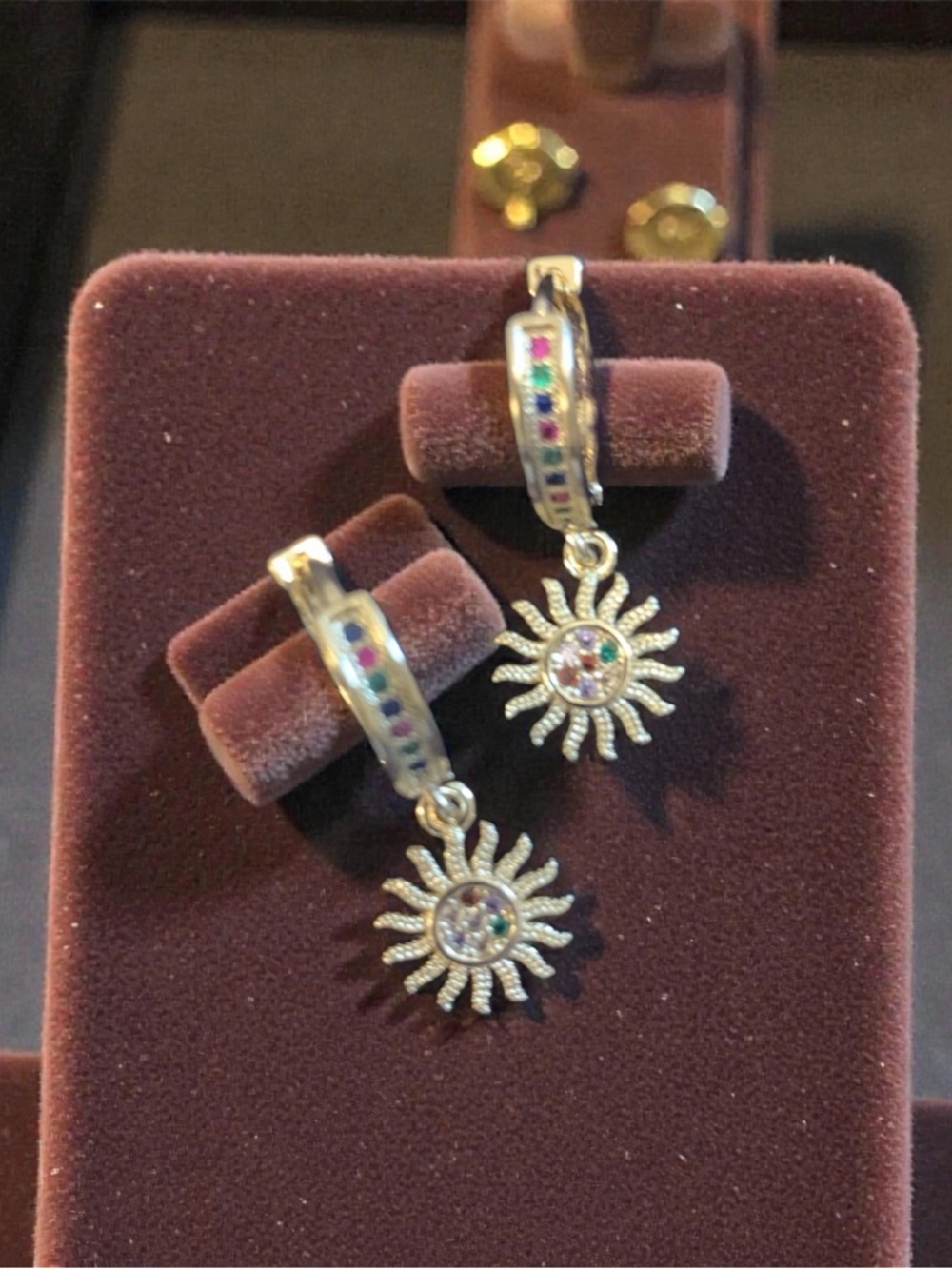 NWOT Sunburst Multi-Color CZs Drop Hoop Earrings -14k gold plated